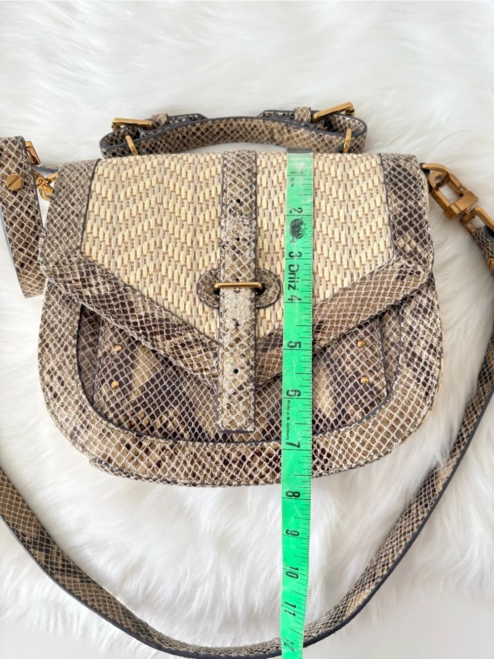 Tory Burch 797 Medium‎ Natural Raffia Snakeskin Print Flap Satchel Shoulder Bag.